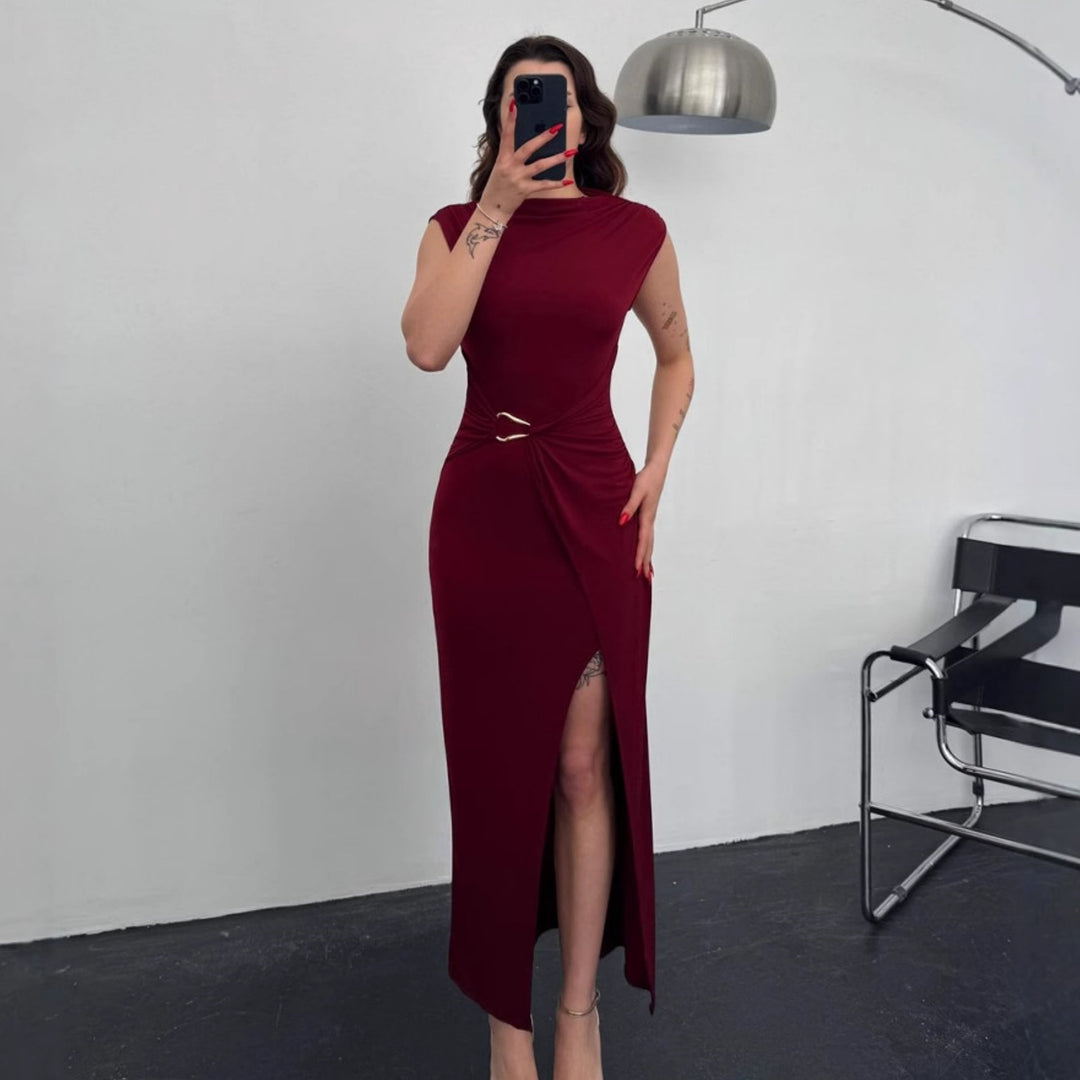 Damen Elegantes Wickelkleid mit seitlichem Schlitz und Gürtel EB