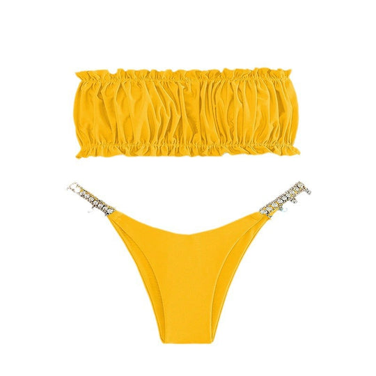 Damen Bandeau-Bikini mit dekorativem Rüschendesign und Schmuckdetails EB