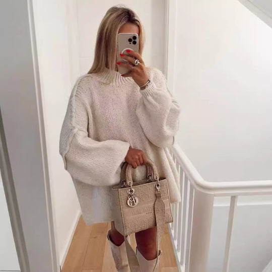 Damen lockerer Strickpullover mit hohem Kragen und überschnittenen Schultern EB