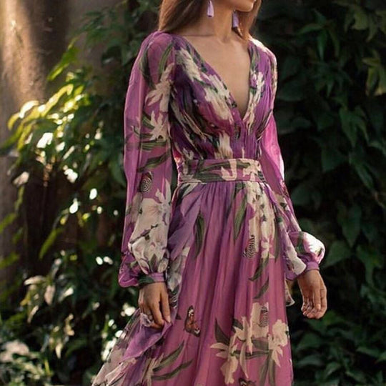 Damen Maxi-Kleid mit floralem Chiffon und elegantem Volant EB