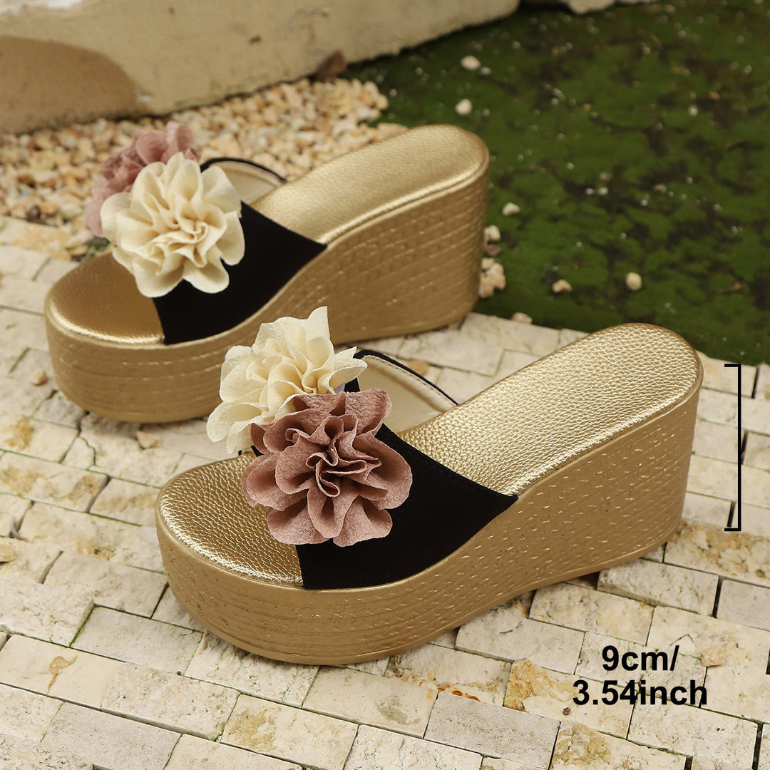 Damen Wedge-Pantoletten mit dekorativer Blumenapplikation und rutschfester Sohle EB