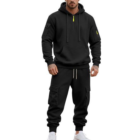 Herren nan zweiteiliges Utility-Freizeitset Hoodie mit halbhohem Reißverschluss, Ärmeltasche und Cargo-Jogginghose mit Klappentaschen EB