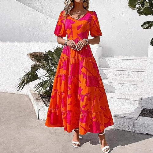 Damen Maxi-Kleid mit floralem Design und voluminösem Rock EB