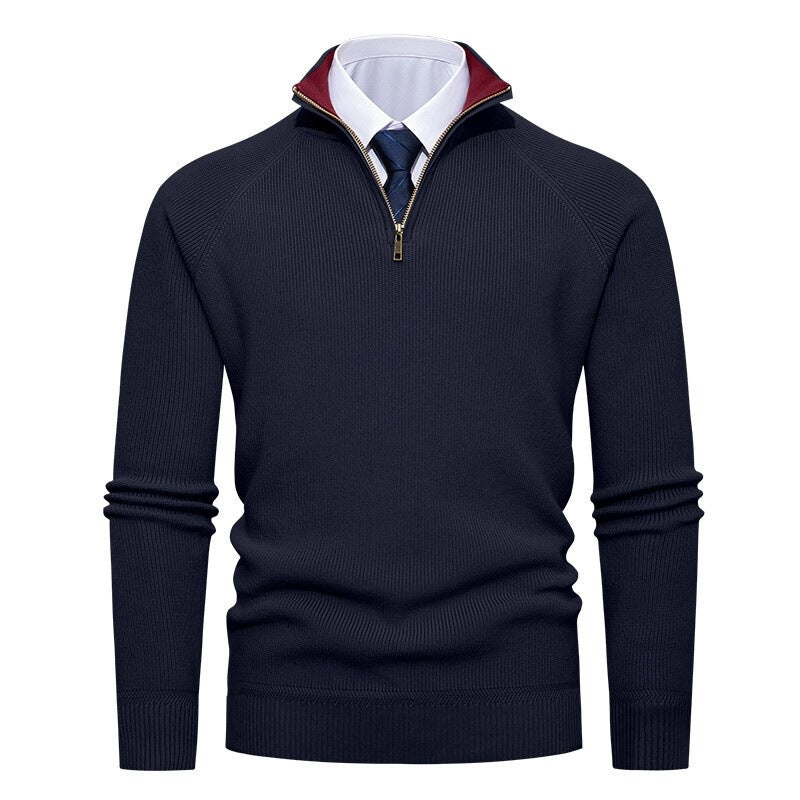 Herren nan feiner Strickpullover mit Halbzip, strukturierter Rippoptik und innen kontrastiertem Stehkragen EB
