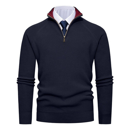 Herren nan feiner Strickpullover mit Halbzip, strukturierter Rippoptik und innen kontrastiertem Stehkragen EB