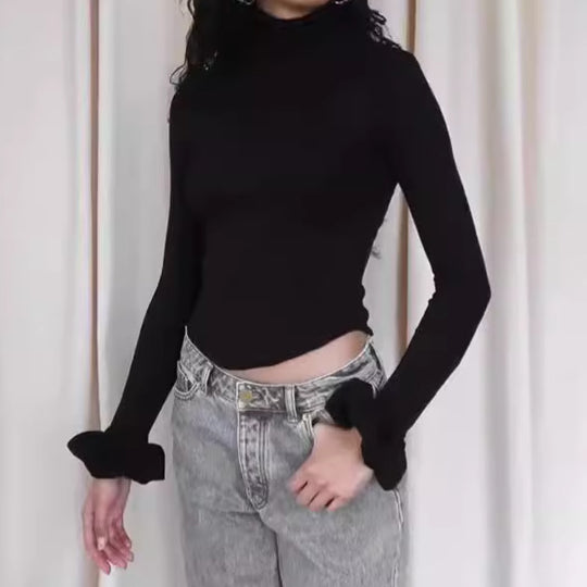 Damen Elegantes Longsleeve-Top mit hohen Kragen und Rüschendetails EB
