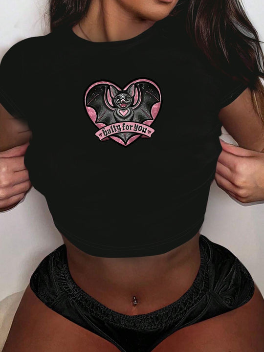 Damen Crop-T-Shirt mit künstlerischem Lippenmotiv und kreativem Druck EB