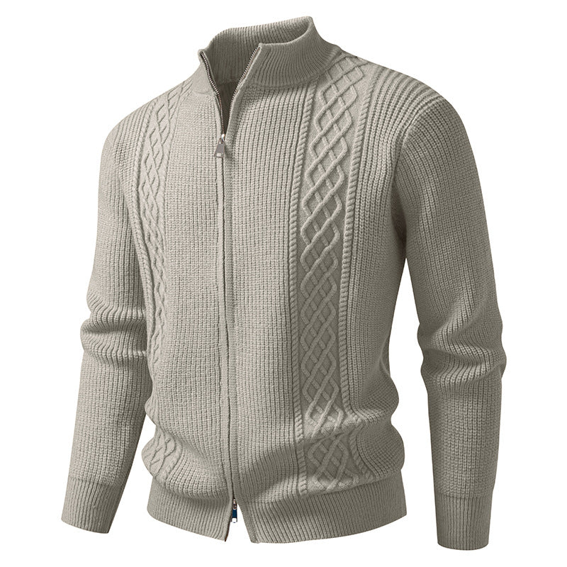 Herren nan Zip-Strickjacke mit dekorativem Zopfmuster, Stehkragen und elastischen Bündchen EB