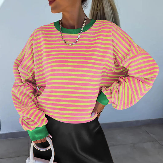 Damen lässiges gestreiftes Sweatshirt mit Boxy-Schnitt und kontrastierenden Abschlüssen EB