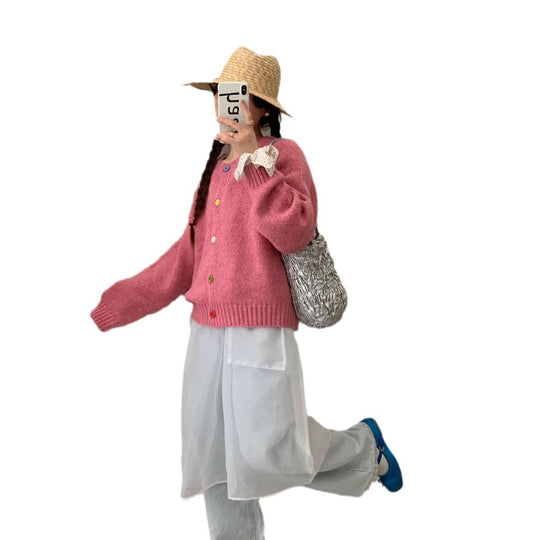 Damen Kuschelige Strickjacke mit bunten Knöpfen und lockerer Passform EB