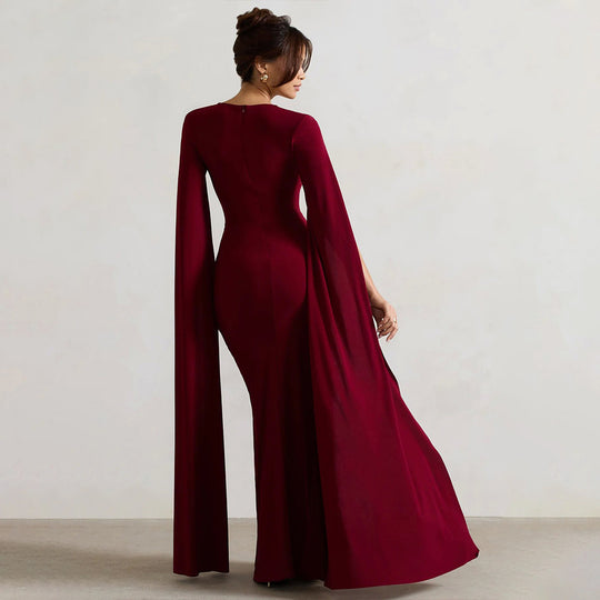 Damen Elegantes Maxikleid mit abnehmbarem Cape und seitlichem Schlitz EB