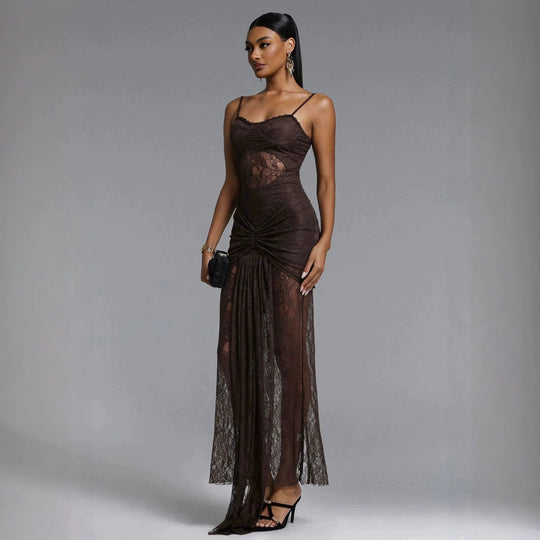 Damen Elegantes Spitzenmaxikleid mit raffinierter Drapierung EB