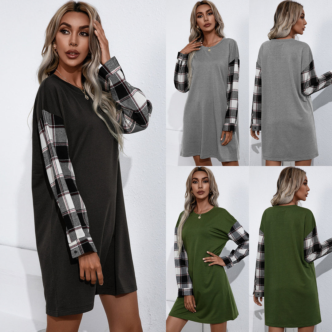 Damen lässiges Sweatshirt-Kleid mit karierten Ärmeln EB