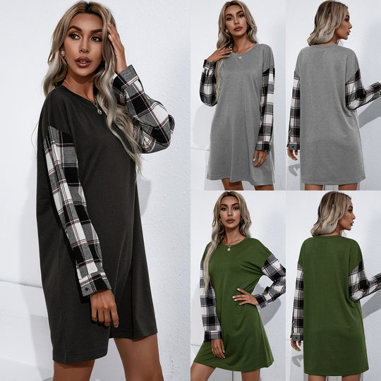 Damen lässiges Sweatshirt-Kleid mit karierten Ärmeln EB