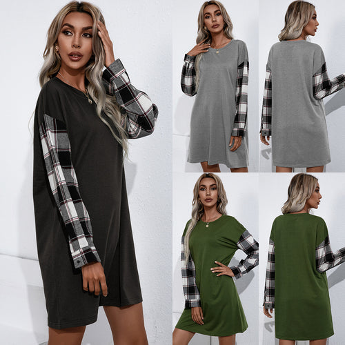 Damen lässiges Sweatshirt-Kleid mit karierten Ärmeln EB