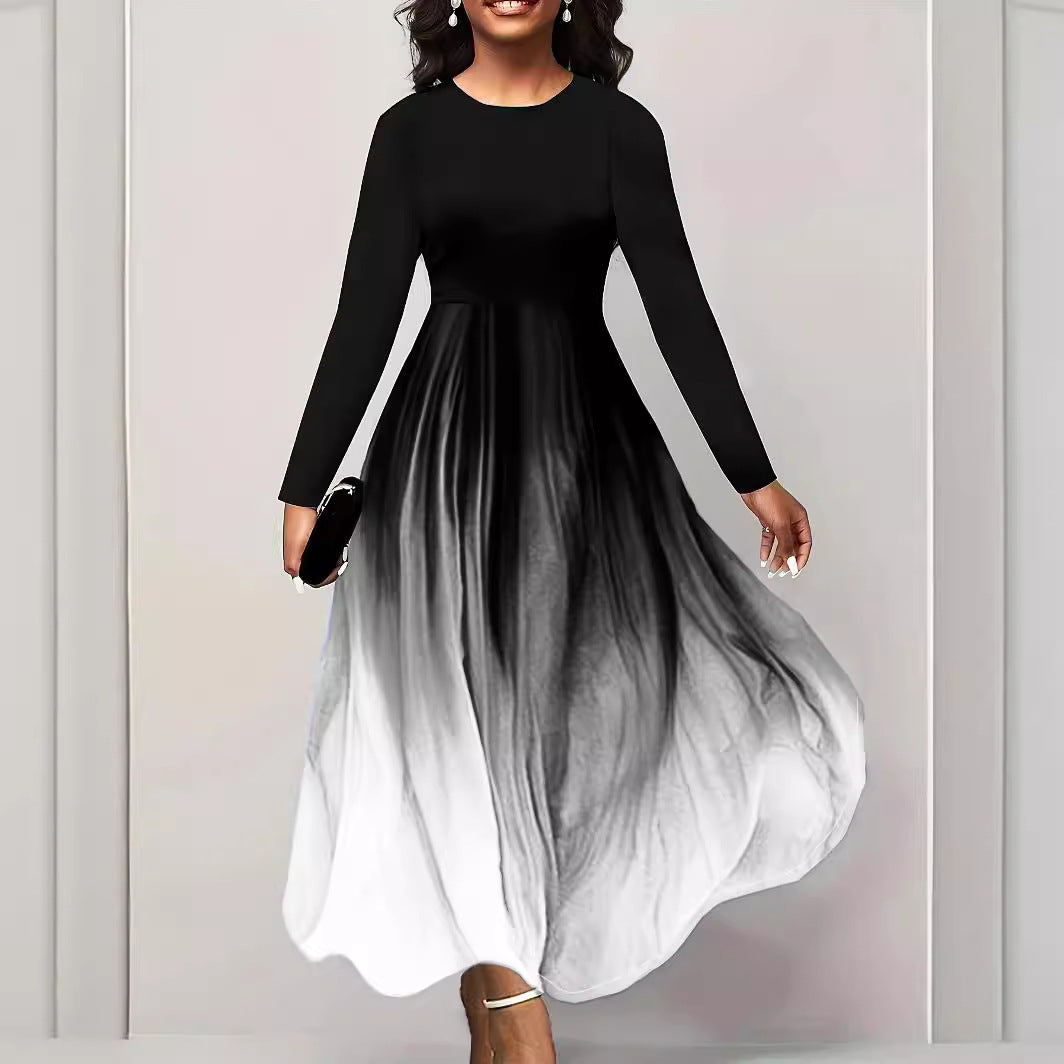 Damen Elegantes Maxikleid mit kreativer Farbverlauf-Optik und langen Ärmeln EB