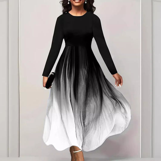 Damen Elegantes Maxikleid mit kreativer Farbverlauf-Optik und langen Ärmeln EB