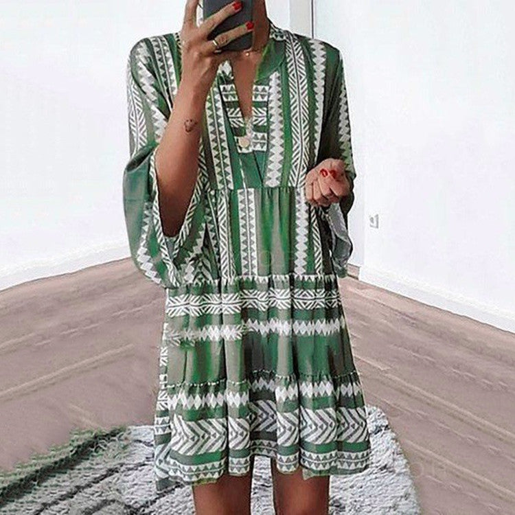 Damen lässiges Wickelkleid mit voluminösen Ärmeln und grafischem Muster EB