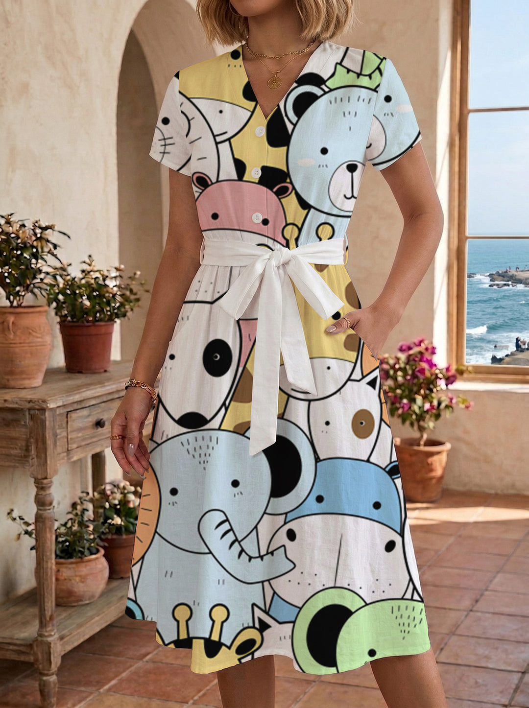 Damen Blühendes Midikleid mit taillierbarem Gürtel und kunstvollem Print EB