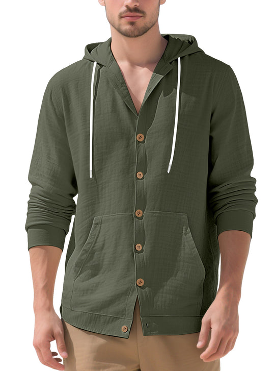 Herren nan leichtes Kapuzen-Übershirt im Crinkle-Look mit Holzknopfleiste und Kängurutasche EB