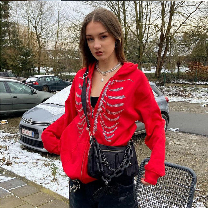 Damen Kapuzenjacke mit einzigartigem Skelett-Design und funkelnden Strasssteinen EB