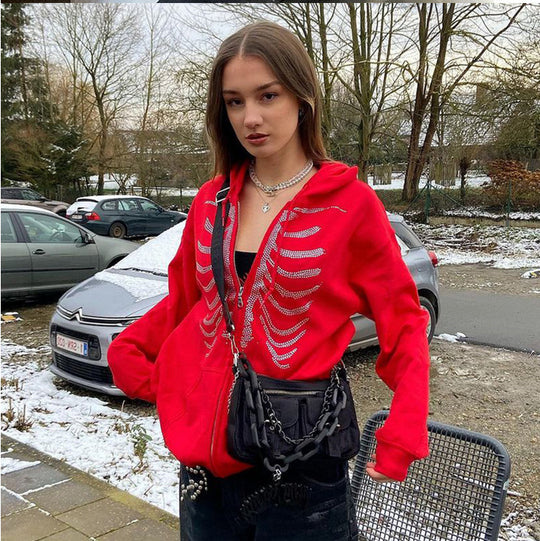 Damen Kapuzenjacke mit einzigartigem Skelett-Design und funkelnden Strasssteinen EB