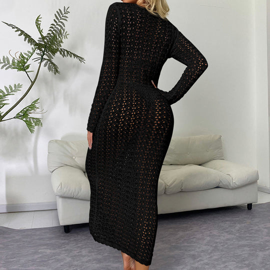 Damen Elegantes gehäkeltes Strandkleid mit tiefem V-Ausschnitt und luftiger Struktur EB