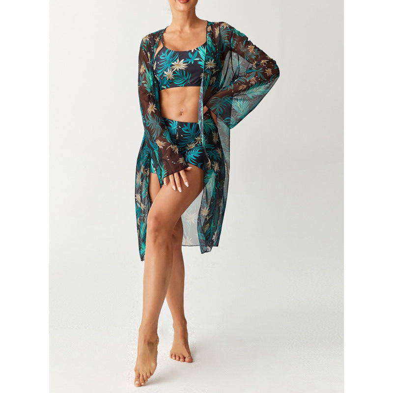 Damen Strandüberwurf mit floralem Design und hohem Schnitt EB