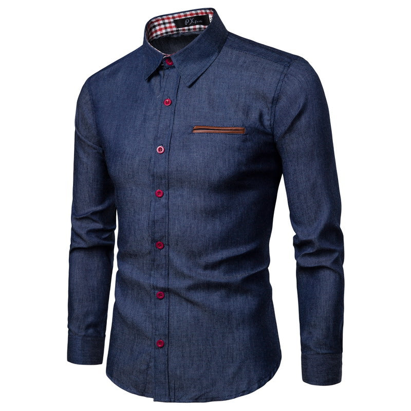 Herren nan Slim-Fit Denim-Hemd mit Brustleistentasche und kariertem Kragenfutter EB