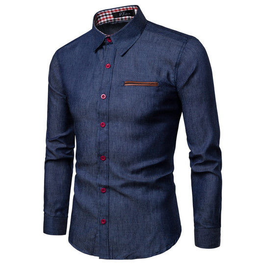 Herren nan Slim-Fit Denim-Hemd mit Brustleistentasche und kariertem Kragenfutter EB