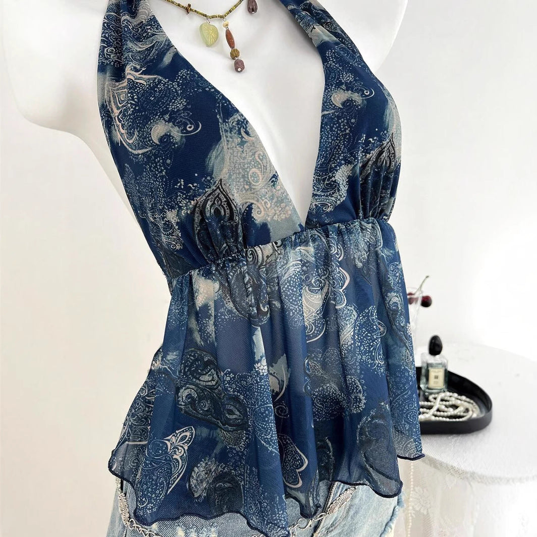 Damen luftiges Blusentop im halterlosen Design mit floralem Druck EB