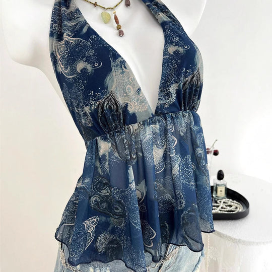 Damen luftiges Blusentop im halterlosen Design mit floralem Druck EB