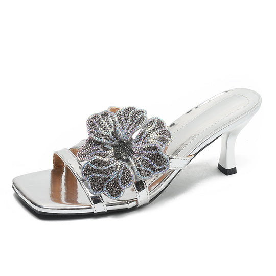 Damen elegante Sandalen mit funkelndem Blumen-Design und komfortablem Absatz EB