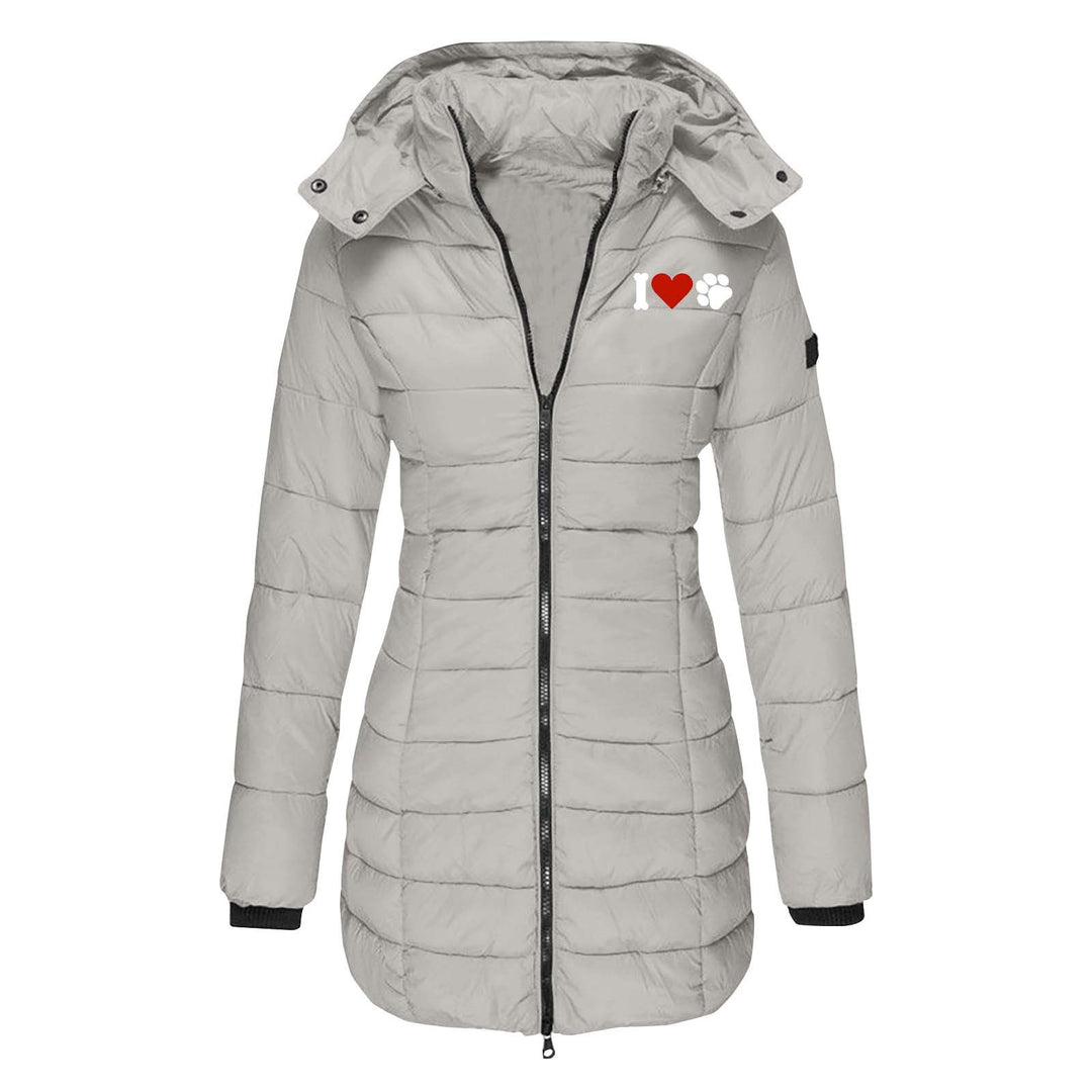 Damen nan gesteppte Steppjacke mit Kapuze, taillierter Silhouette und Herz-Pfoten-Print EB