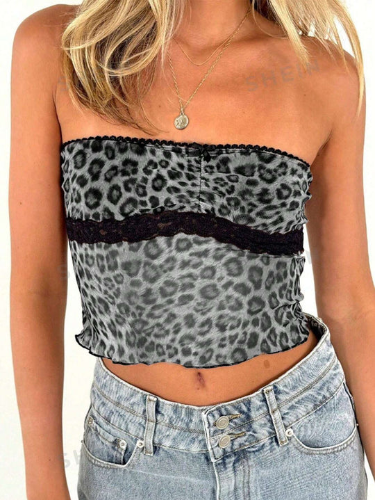 Damen Bandeau-Top mit trendigem Leopardenmuster und zarter Spitzenkante EB