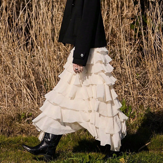 Damen gestufter Midi-Rock mit Rüschen und elastischem Bund EB
