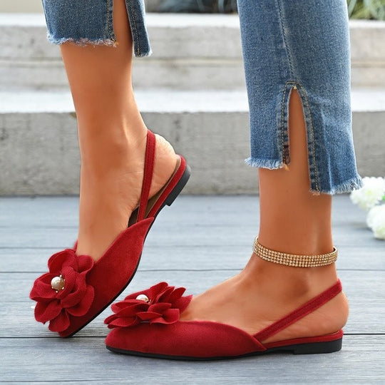 Damen Slingback-Ballerinas mit großer Blumenapplikation und flacher Komfortsohle EB