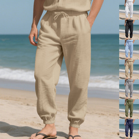 Herren Leinenoptik-Loungehose mit elastischem Bund, Kordelzug & gerippten Knöchelabschlüssen EB