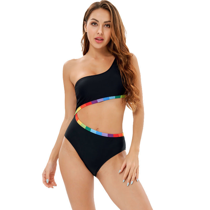Damen Einseitiger Triangel-Bikini mit buntem Akzentband EB