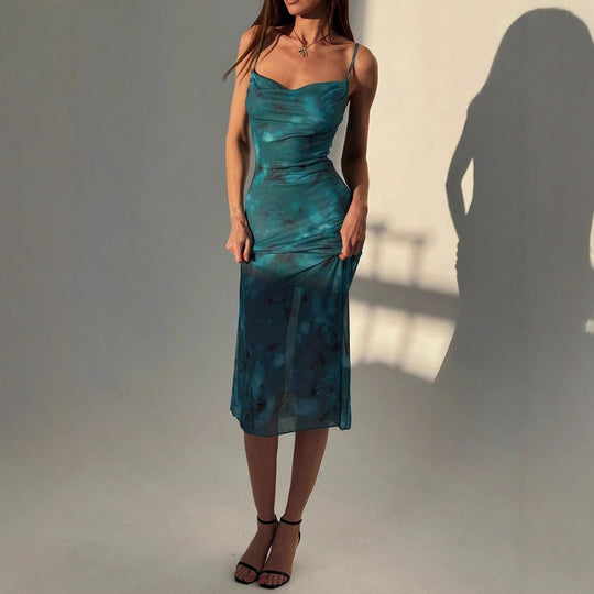 Damen Elegantes Midikleid aus fließendem Chiffon mit verführerischem Spaghettiträger EB