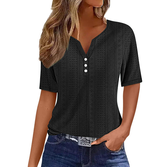 Damen Kurzarm Bluse mit Knopfdetails und feiner Lochmusterstruktur EB