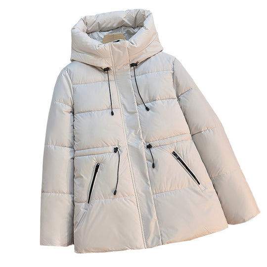 Damen nan kurze wattierte Kapuzenjacke mit hohem Stehkragen, Kordelzug und diagonalem Reißverschlusstaschen-Design EB
