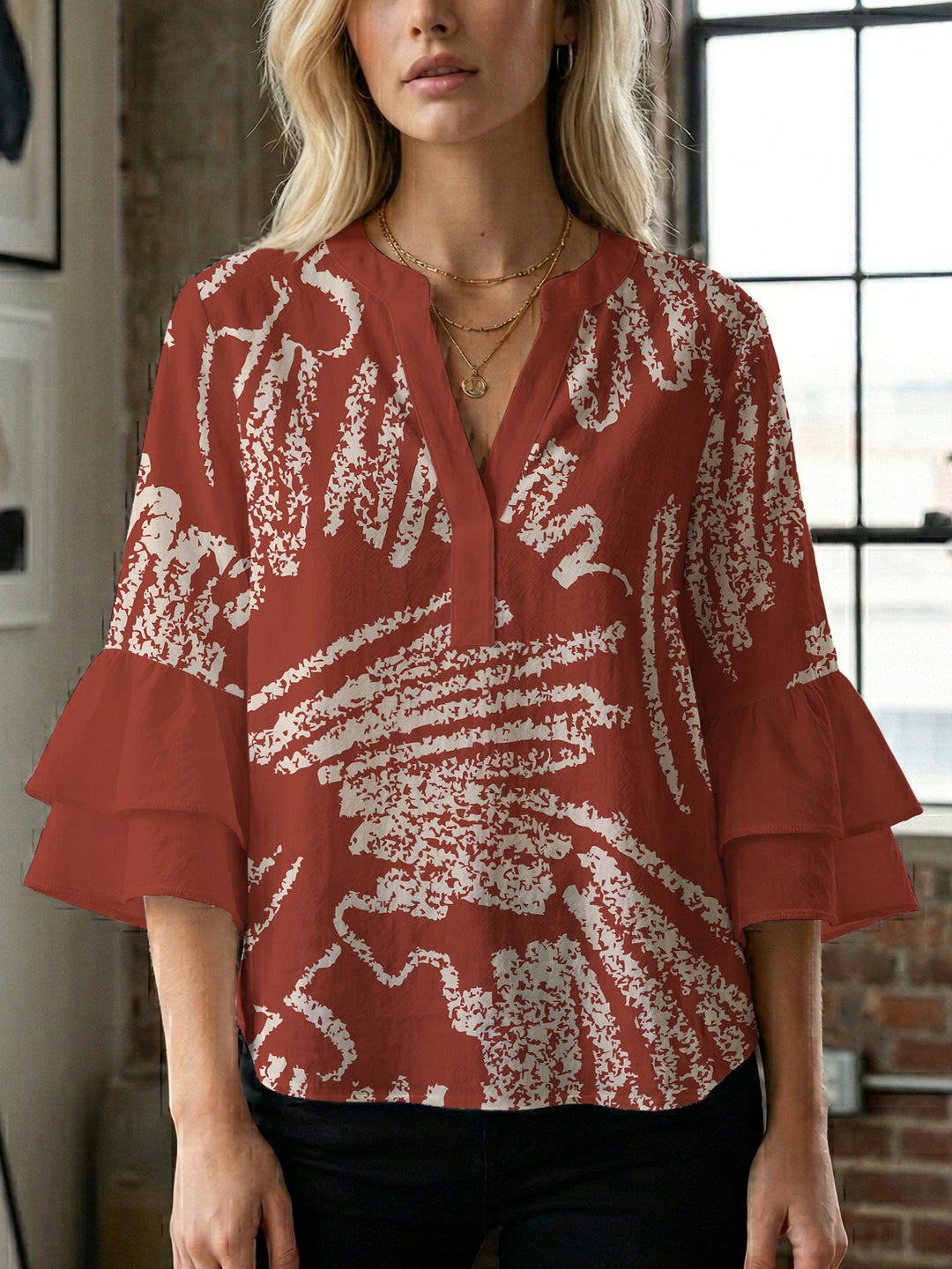 Damen elegantes Blusenshirt mit voluminösen Rüsenärmeln und grafischem Blumendesign EB