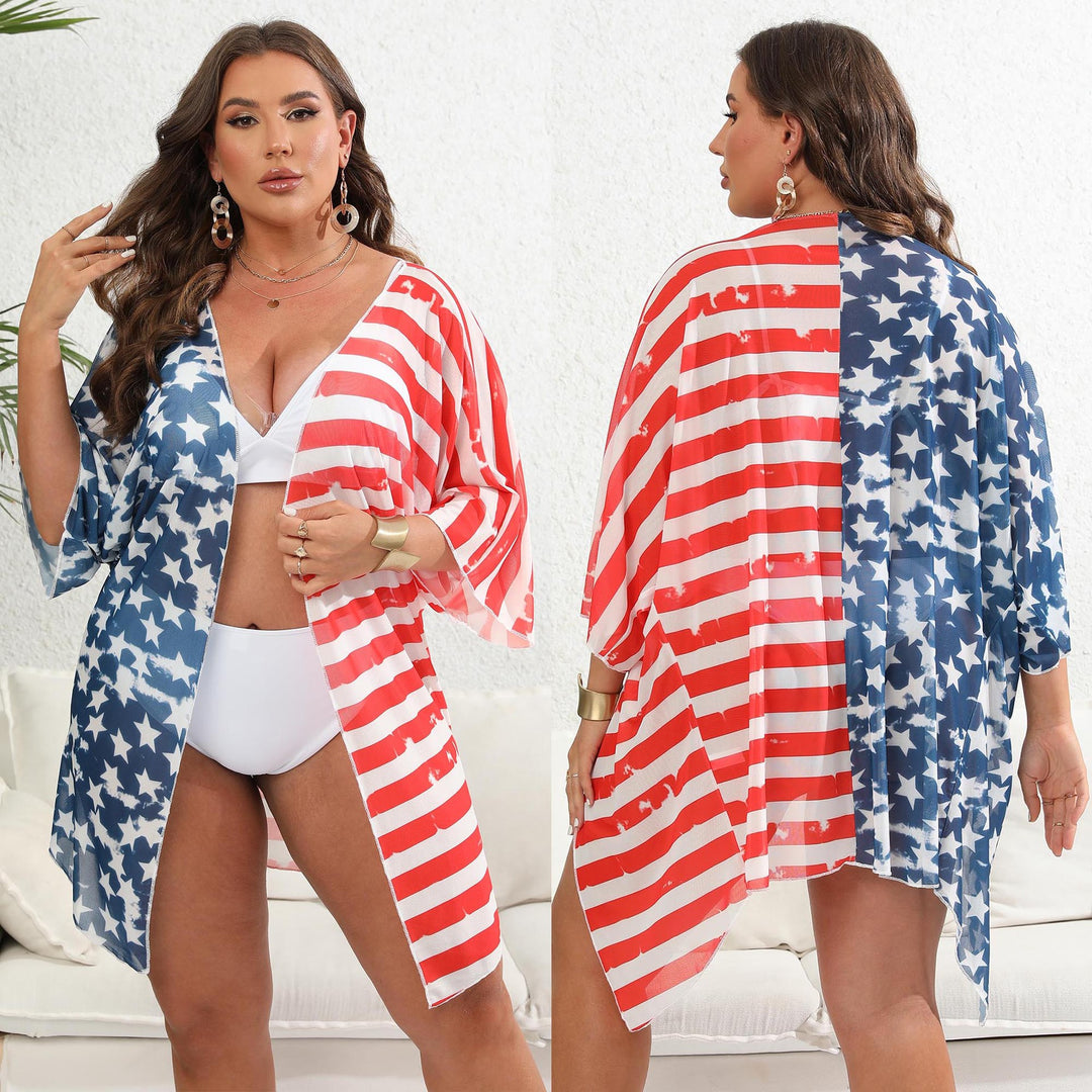 Damen lässiger Strandkimono mit patriotischem Sternen- und Streifenmuster EB