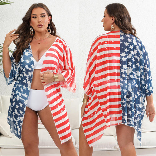 Damen lässiger Strandkimono mit patriotischem Sternen- und Streifenmuster EB