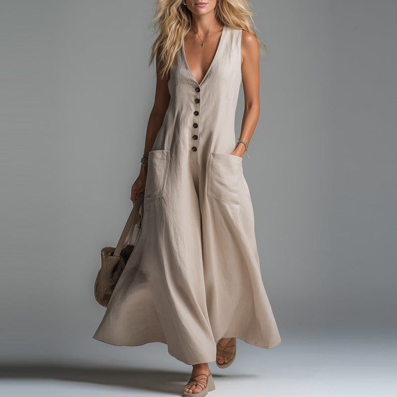 Damen eleganter Jumpsuit mit tiefem V-Ausschnitt und praktischen Taschen EB