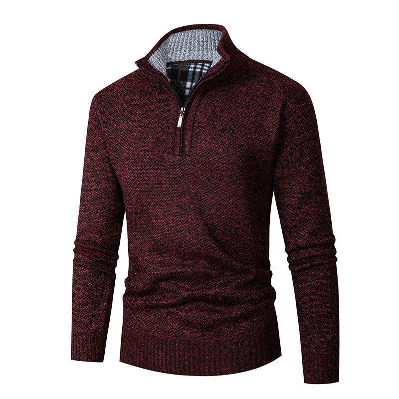 Herren nan grobgestrickter Halfzip-Pullover mit Stehkragen und karierter Krageninnenseite EB