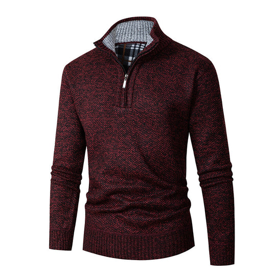 Herren nan grobgestrickter Halfzip-Pullover mit Stehkragen und karierter Krageninnenseite EB