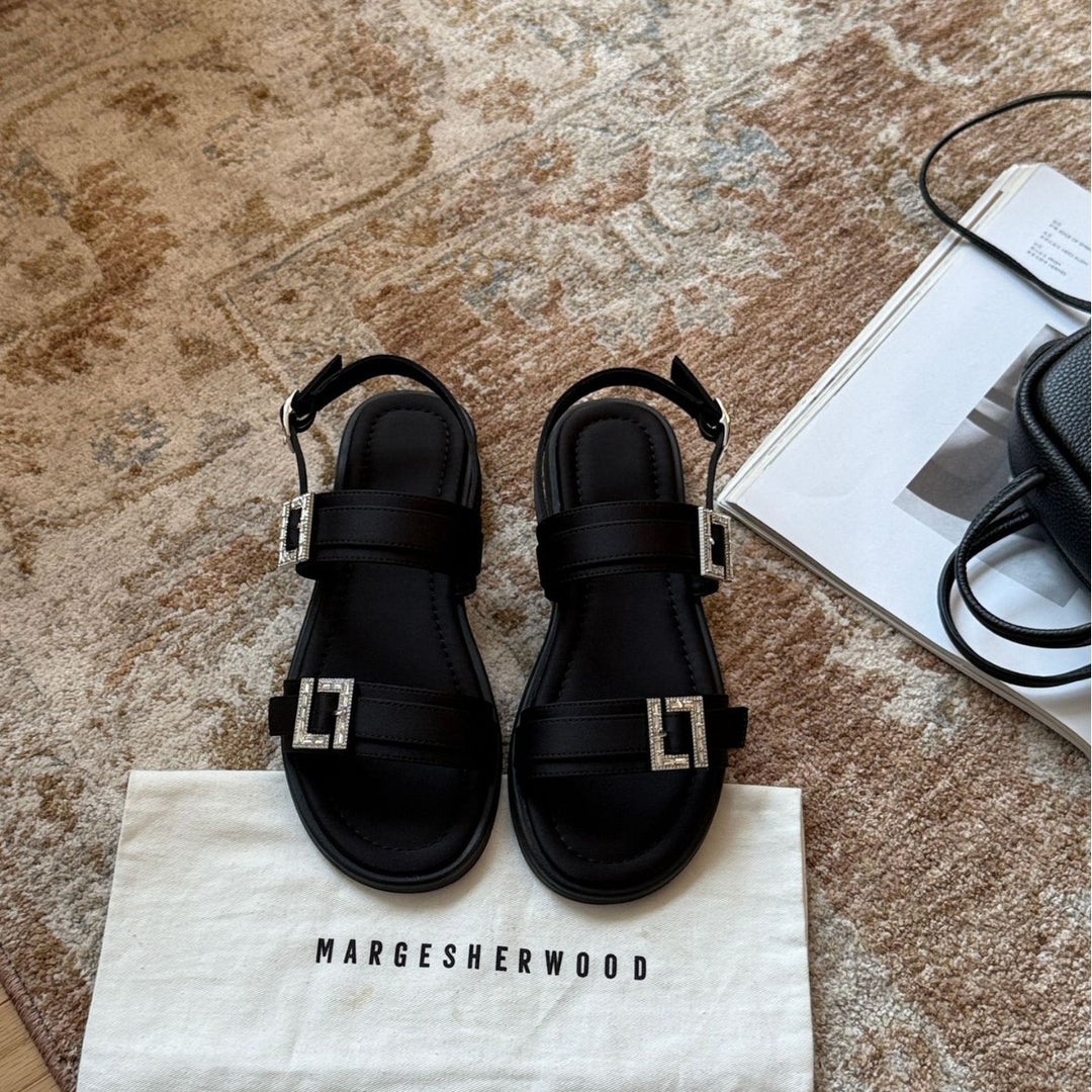 Damen modische Zehentrenner-Sandalen mit eleganten, verstellbaren Riemen und glitzernden Schnallen EB