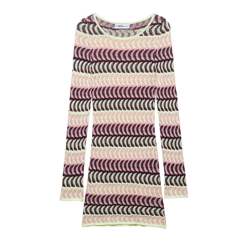 Damen nan gestricktes Feinstrick-Minikleid mit transparentem Wellenstruktur-Muster und Rundhalsausschnitt EB